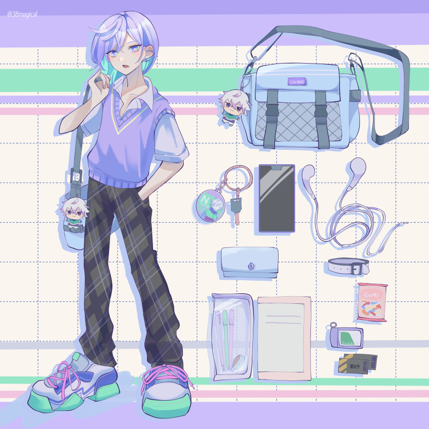 1boy, absurdres, alternate_costume, aqua_eyes, bag, brown_pants, cellphone, character_doll