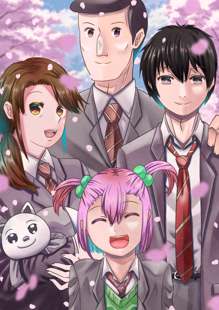 2boys, 2girls, :d, animal, belt, black_hair, brown_eyes, brown_hair, cat, cherry_blossoms, family, gomez_(koukousei_kazoku), grey_jacket, hair_bobbles, hair_ornament, hand_on_another's_shoulder, holding, holding_animal, ietani_haruka, ietani_ichiro, ietani_kotaro, ietani_shizuka, jacket, koukousei_kazoku, multiple_boys, multiple_girls, necktie, outdoors, school_uniform, short_twintails, smile, twintails, xenobladecarna