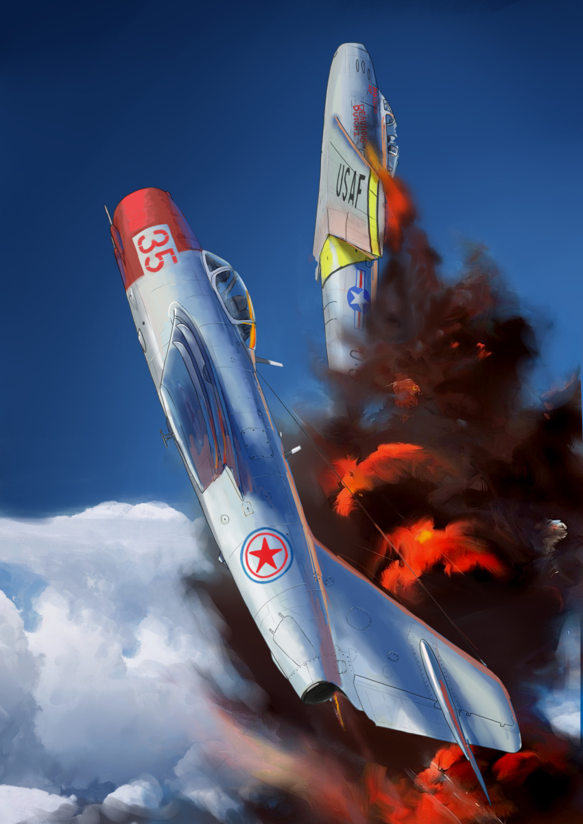 absurdres, aerial_battle, aircraft, airplane, battle, blue_sky, clouds, dogfight