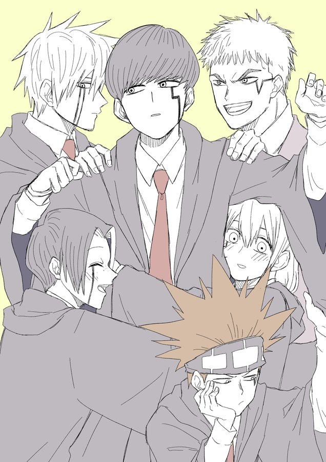 1girl, 5boys, :d, blush, closed_eyes, collared_shirt, cowboy_shot, dot_barrett