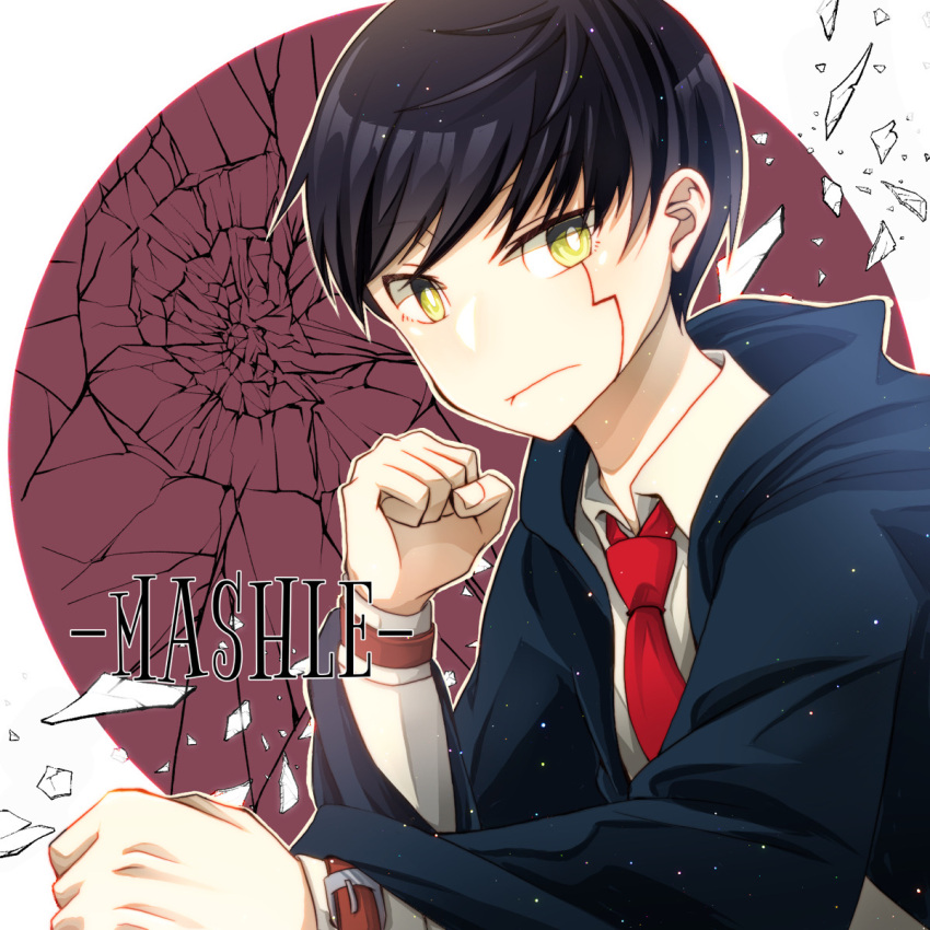 1boy, black_hair, black_robe, clenched_hands, closed_mouth, collared_shirt, copyright_name, highres