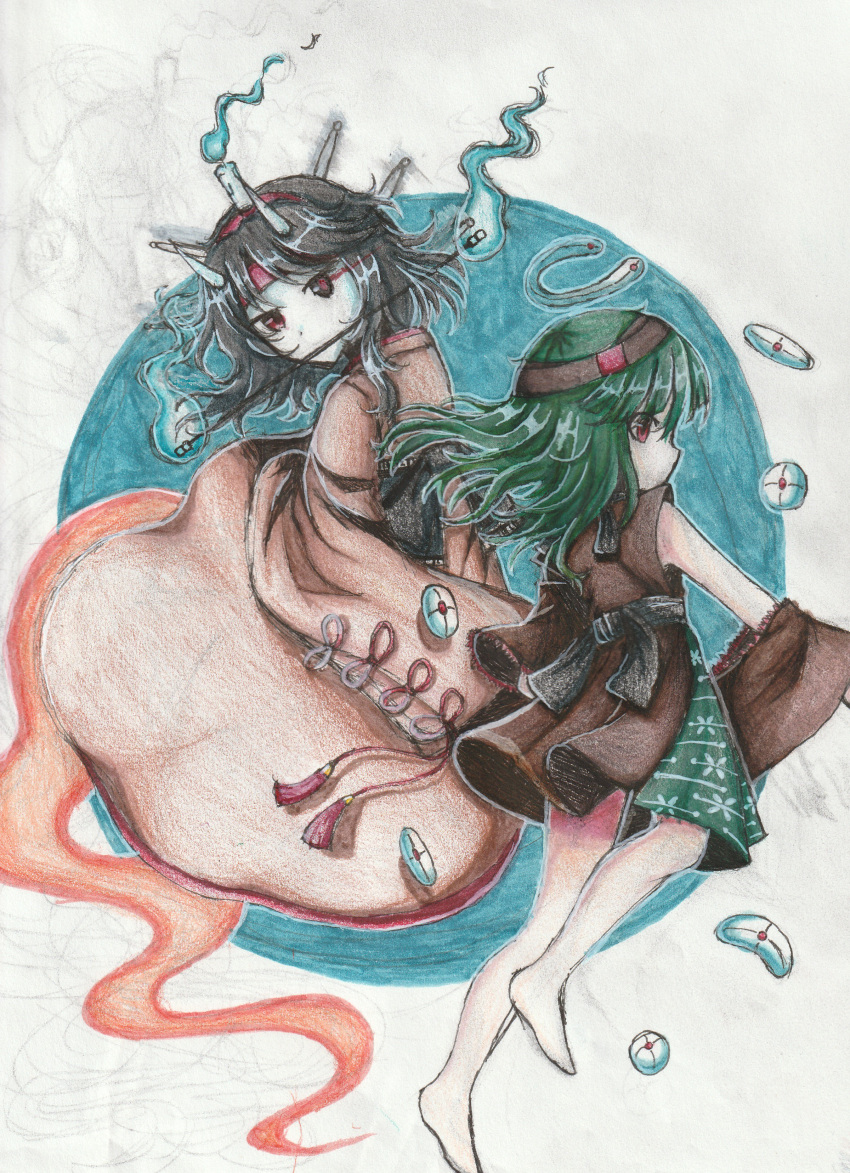 2others, absurdres, androgynous, barefoot, black_hair, blue_fire, blunt_bangs, brilliant_pagoda_or_haze_castle, brown_dress, brown_headband, brown_kimono, candle, detached_sleeves, dress, fire, fox10991, ghost, ghost_tail, green_hair, hairband, headband, highres, horns, japanese_clothes, kimono, len'en, mouth_hold, multiple_others, para_(baby_paras), para_(len'en), red_eyes, red_headband, short_hair, taira_no_chouki, traditional_media