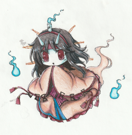 1other, androgynous, black_hair, brilliant_pagoda_or_haze_castle, brown_kimono, candle, fire, fox10991
