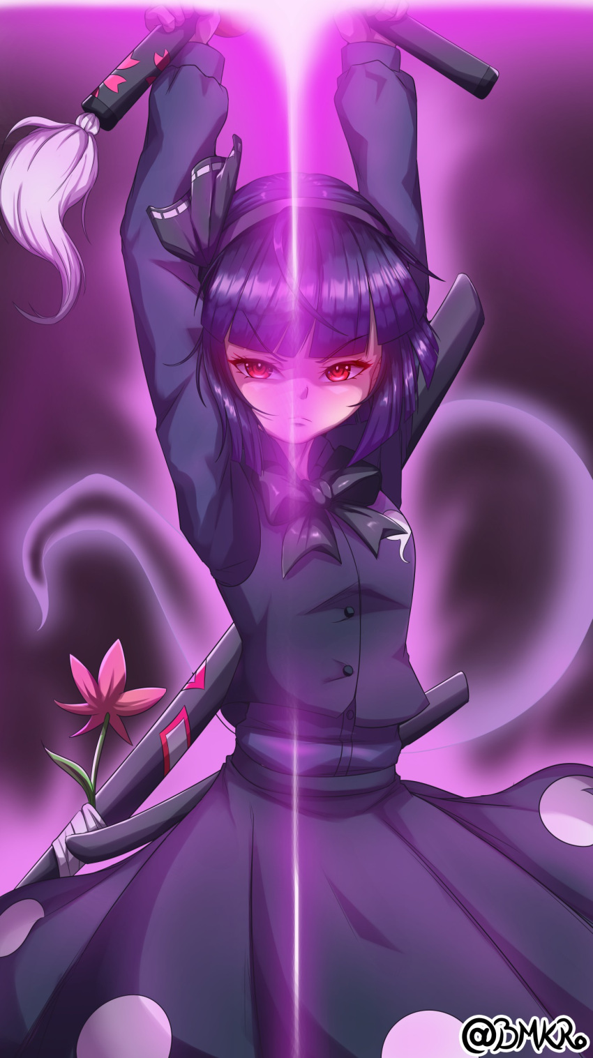 1girl, absurdres, arms_up, black_background, black_skirt, black_vest, bmkro, closed_mouth