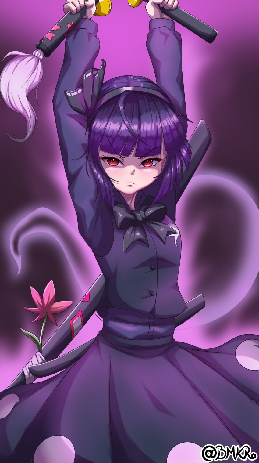 1girl, absurdres, arms_up, black_background, black_skirt, black_vest, bmkro, closed_mouth