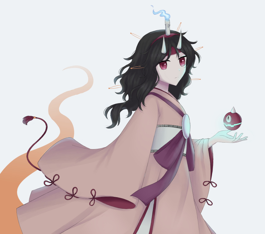 androgynous, black_hair, blue_fire, brilliant_pagoda_or_haze_castle, brown_kimono, burabura, candle, fire