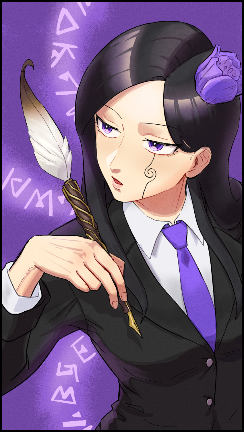 1girl, black_hair, black_jacket, buttons, collared_shirt, feathers, flower, hair_flower