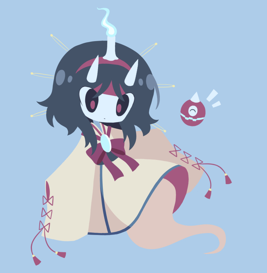 androgynous, black_hair, blue_background, blue_fire, brilliant_pagoda_or_haze_castle, brown_kimono, burabura, candle