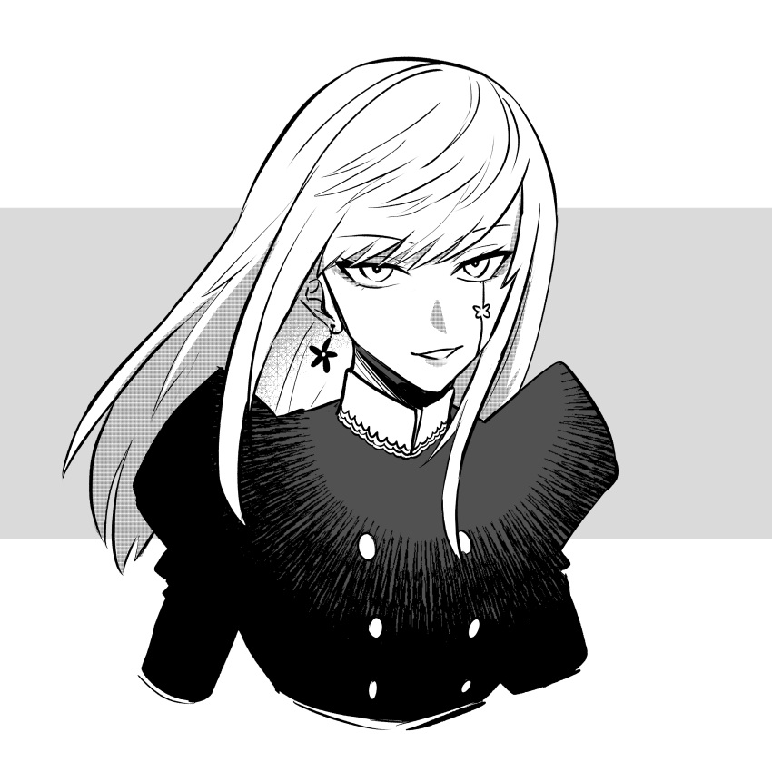 1girl, absurdres, buttons, cropped_torso, double-breasted, earrings, facial_mark, grey_background, greyscale, grin, highres, jewelry, juliet_sleeves, lalamelonflora, long_hair, long_sleeves, mashle, meliadoul_(mashle), monochrome, puffy_sleeves, smile, solo, teeth, two-tone_background, white_background