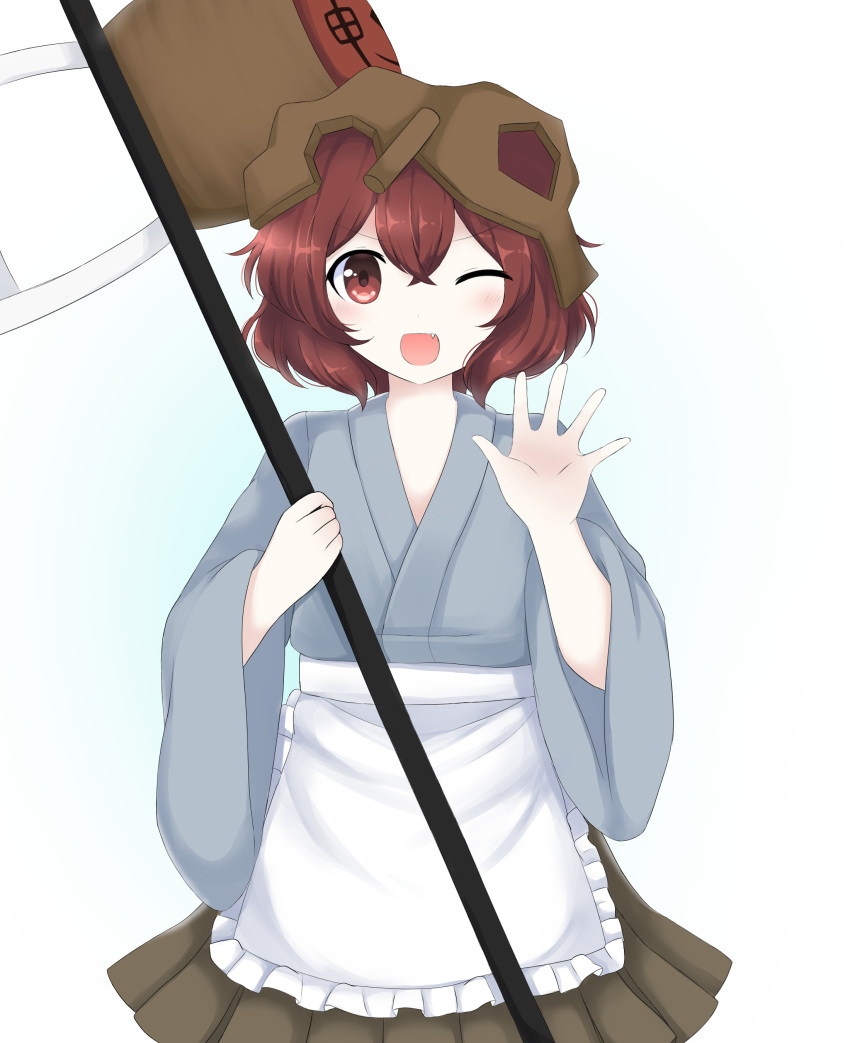 1other, absurdres, androgynous, apron, blue_kimono, brown_skirt, earthen_miraculous_sword, fang