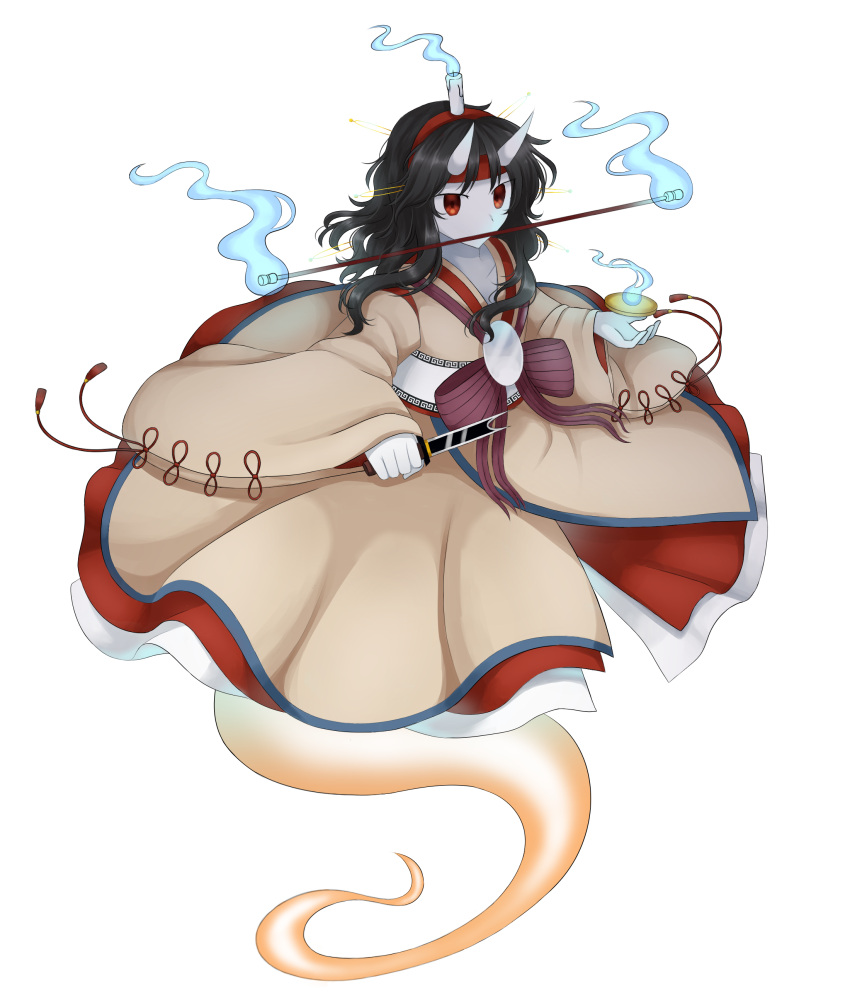 1other, absurdres, androgynous, black_hair, blue_fire, brilliant_pagoda_or_haze_castle, brown_kimono, candle