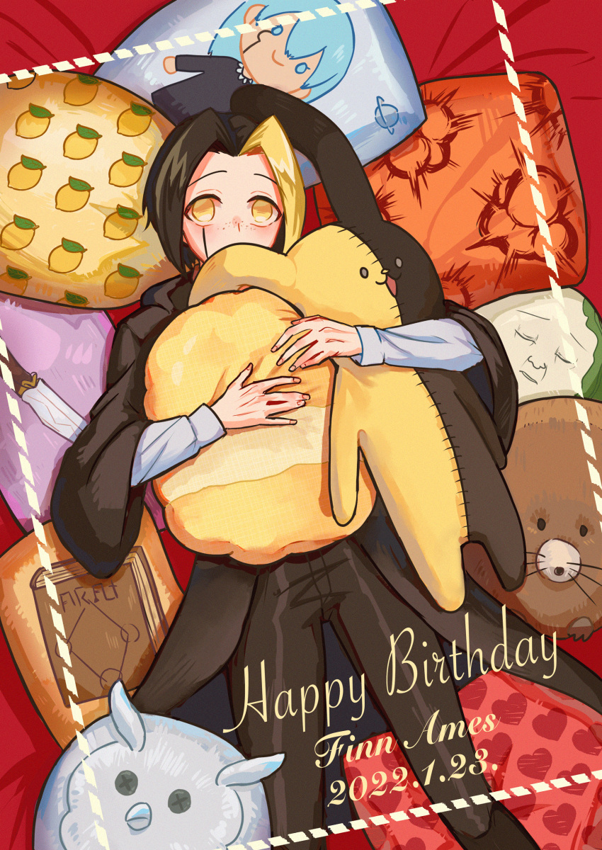 1boy, absurdres, anna_crown, blonde_hair, blush, brown_hair, brown_jacket, brown_pants, character_name, character_print, dated, finn_ames, freckles, grey_shirt, happy_birthday, highres, hugging_doll, hugging_object, jacket, lalamelonflora, long_sleeves, looking_at_viewer, lying, mashle, multicolored_hair, on_back, pants, parted_bangs, pillow, shirt, solo, stuffed_animal, stuffed_mouse, stuffed_owl, stuffed_rabbit, stuffed_toy, two-tone_hair, yellow_eyes