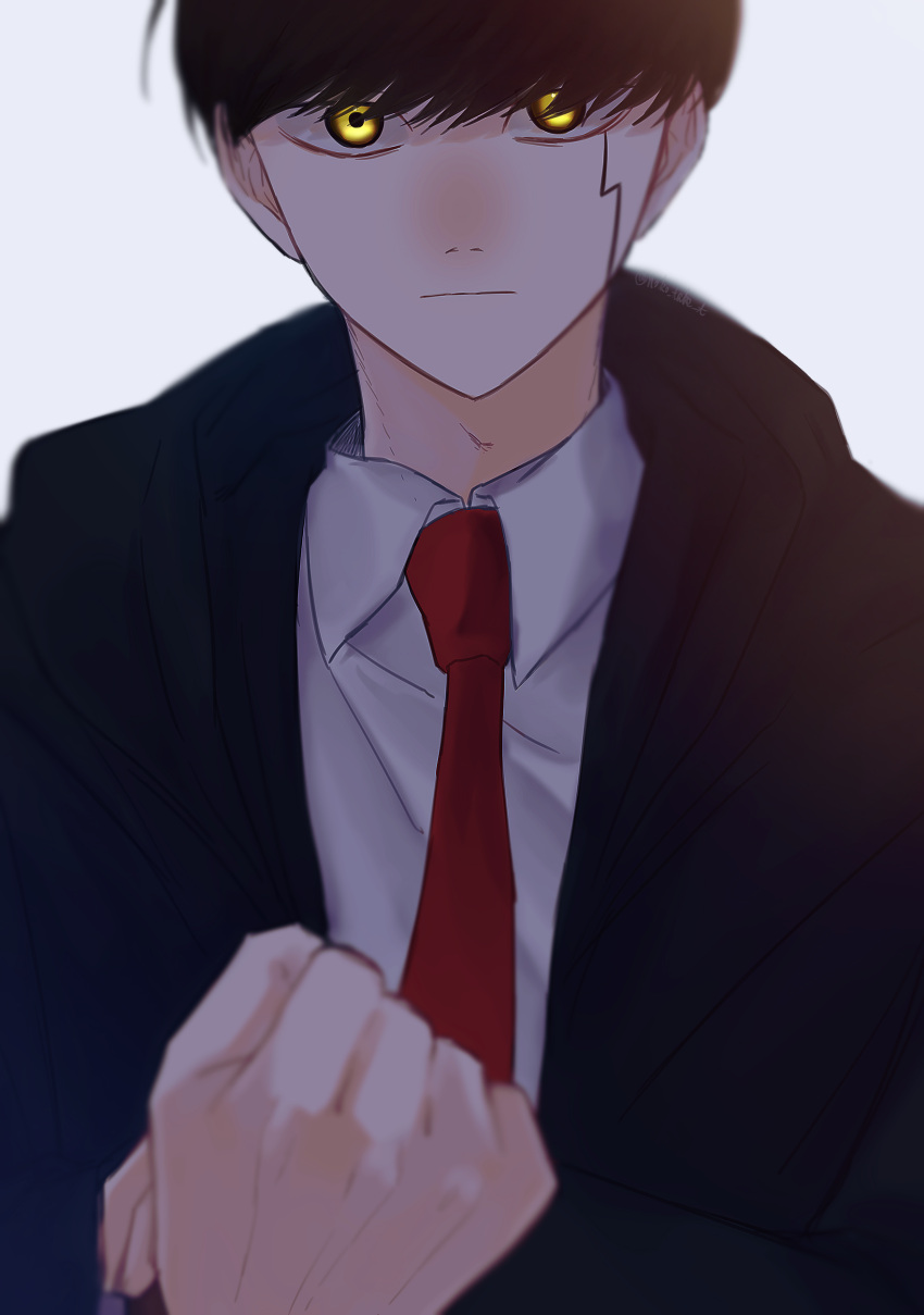 1boy, absurdres, black_hair, black_robe, clenched_hand, collared_shirt, expressionless, grey_background, highres, long_sleeves, mash_burnedead, mashle, necktie, red_necktie, robe, shi_ota_(noko_take_t), shirt, short_hair, simple_background, solo, upper_body, white_shirt, yellow_eyes
