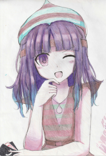 1other, androgynous, blue_hair, blue_headwear, brilliant_pagoda_or_haze_castle, card, fox10991, gradient_hair