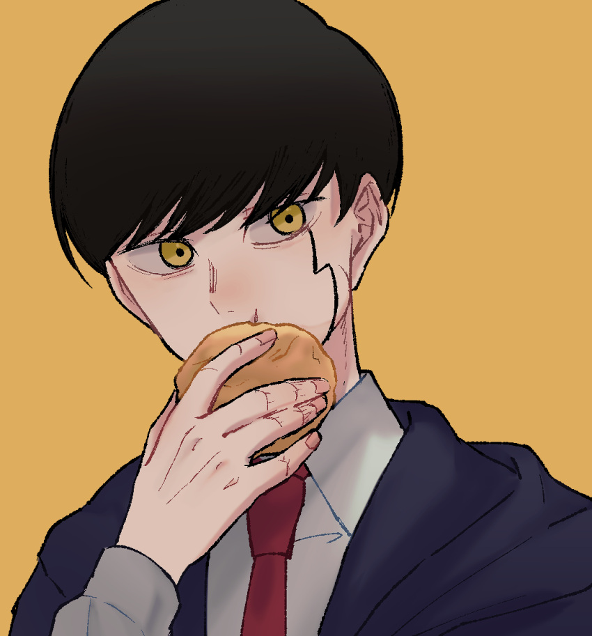 1boy, black_hair, black_robe, collared_shirt, cream_puff, eating, food, hand_up