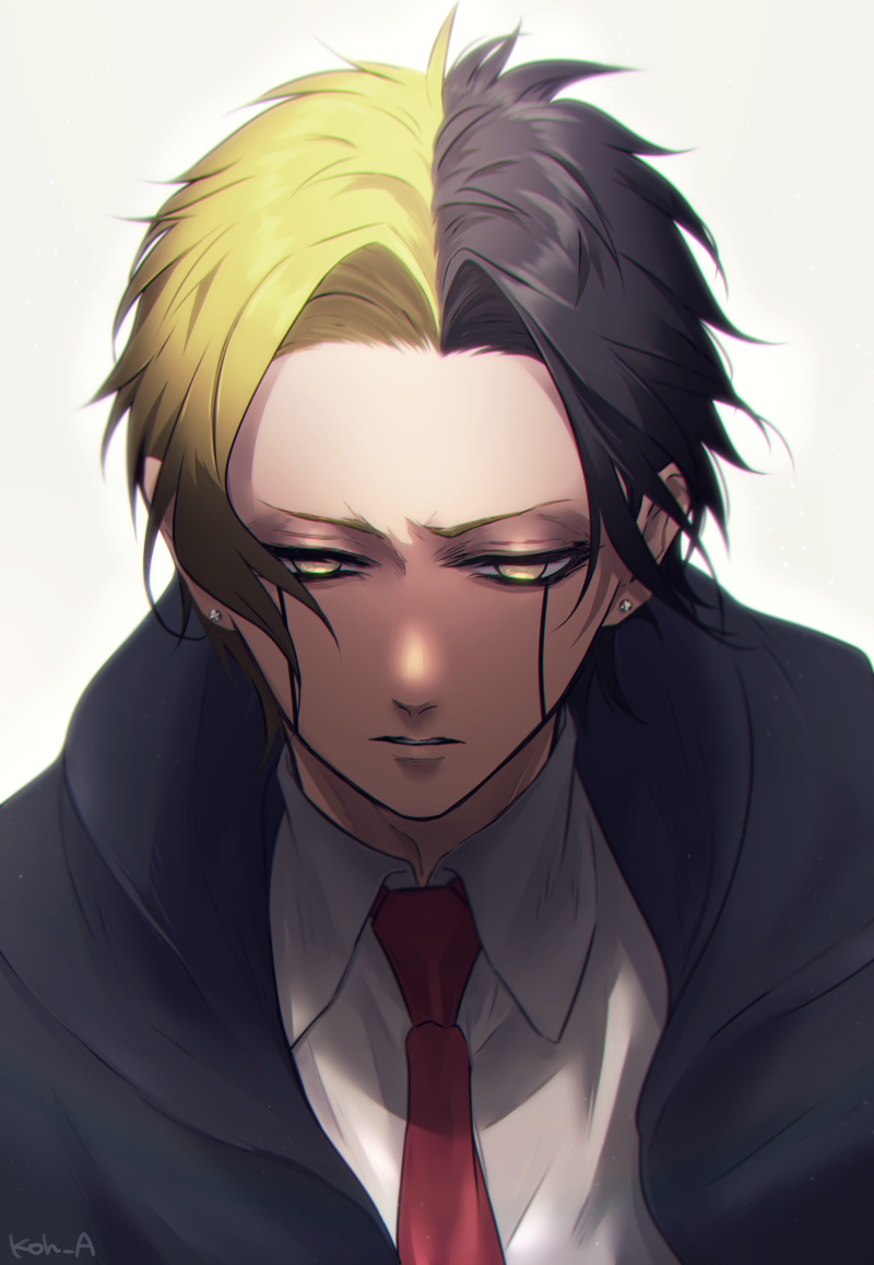 1boy, artist_name, black_hair, blonde_hair, collared_shirt, half-closed_eyes, koh_(koh_a), male_focus