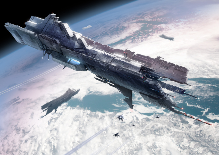 absurdres, highres, landing_bay, original, ost02, planet, scenery, science_fiction, space, space_fighter, spacecraft, tagme