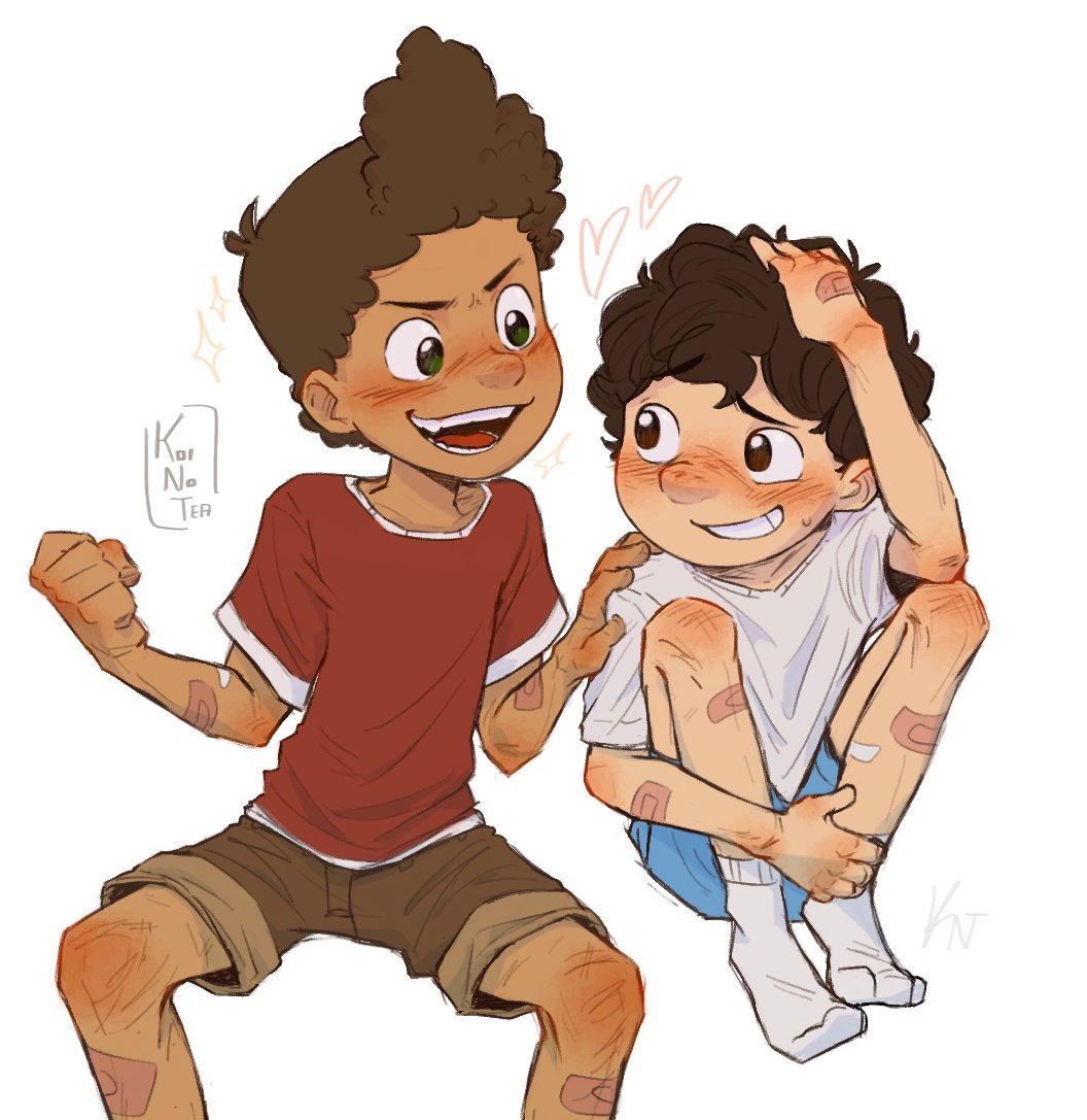 2boys, alberto_scorfano, bandages, brown_hair, child, clenched_hand, commentary, dark-skinned_male, dark_skin, denim, denim_shorts, english_commentary, green_eyes, hand_in_own_hair, hand_on_another's_shoulder, implied_yaoi, koinotea, looking_at_another, luca_(pixar), luca_paguro, male_focus, multiple_boys, shirt, short_sleeves, shorts, socks, teeth, white_shirt, white_socks