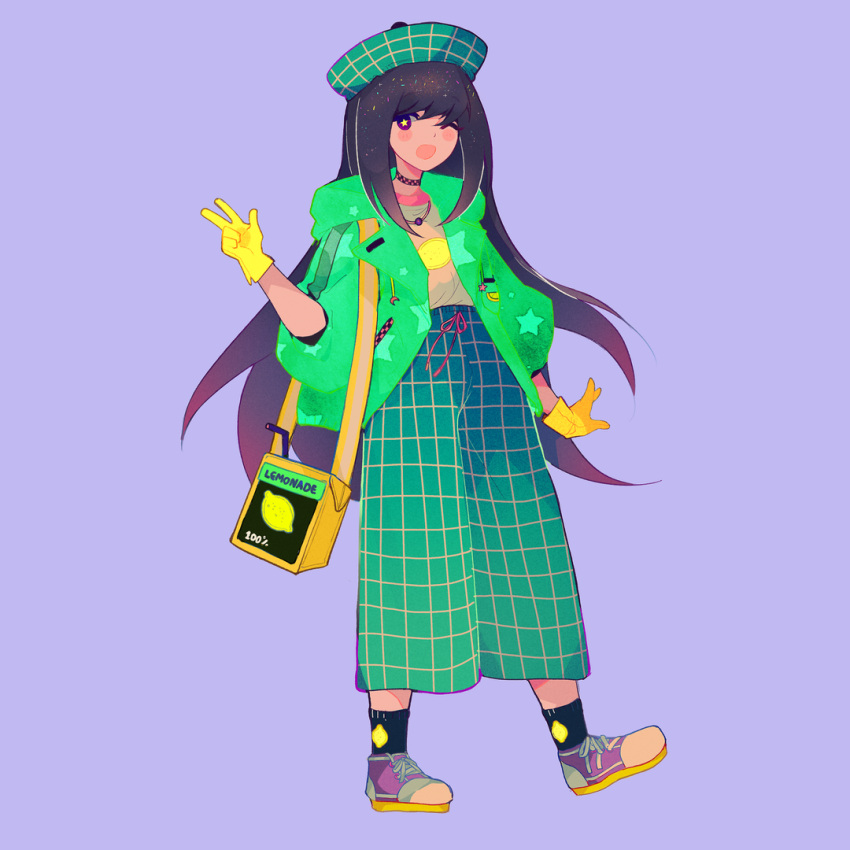 1girl, bag, beret, black_choker, black_socks, blush_stickers, bow, brown_eyes