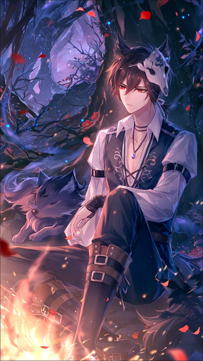 1boy, animal_ears, ayn_(for_all_time), bare_tree, black_footwear, black_hair, black_pants, black_vest