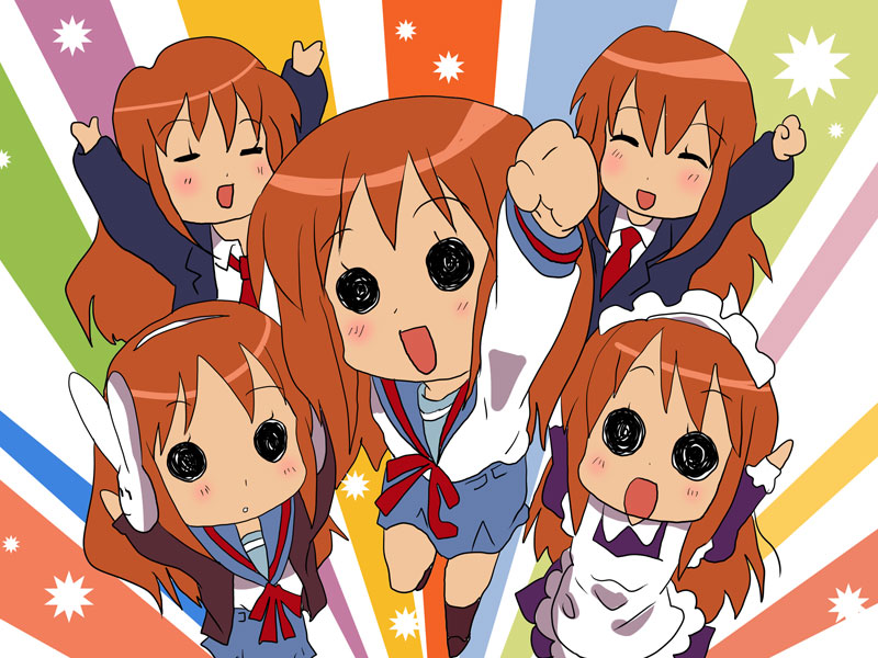 1girl, asahina_mikuru, brown_hair, chibi, cosplay, cute, headphones, kadokawa, koizumi_itsuki, koizumi_itsuki_(cosplay), kyon, kyon_(cosplay), kyoto_animation, long_hair, maid, multiple_girls, multiple_persona, nagato_yuki, nagato_yuki_(cosplay), necktie, nikuru, parody, rabbit_headphones, school_uniform, suzumiya_haruhi, suzumiya_haruhi-chan_no_yuuutsu, suzumiya_haruhi_(cosplay), suzumiya_haruhi_no_yuuutsu, tokyo_mx
