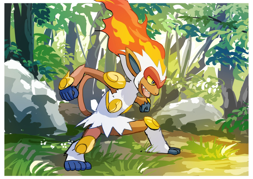 blue_eyes, colored_sclera, commentary_request, completion_time, day, fire, forest, full_body