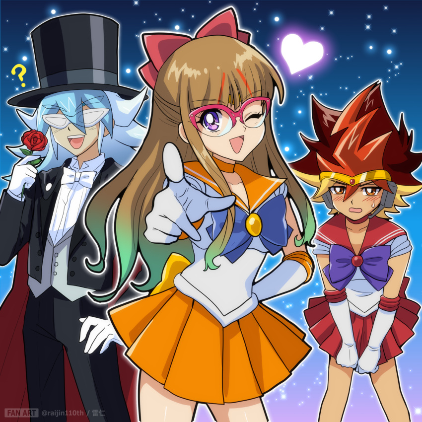 1girl, 2boys, :d, ;d, ?, back_bow, bishoujo_senshi_sailor_moon, black_headwear