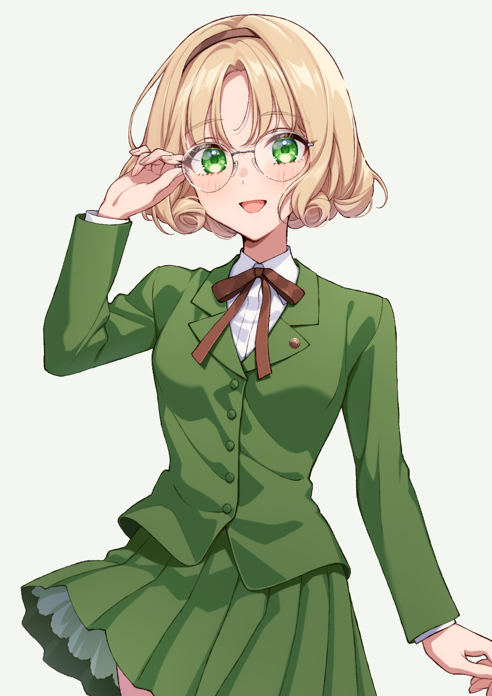 1girl, :d, adjusting_eyewear, blonde_hair, brown_hairband, brown_ribbon, collared_shirt, dress_shirt