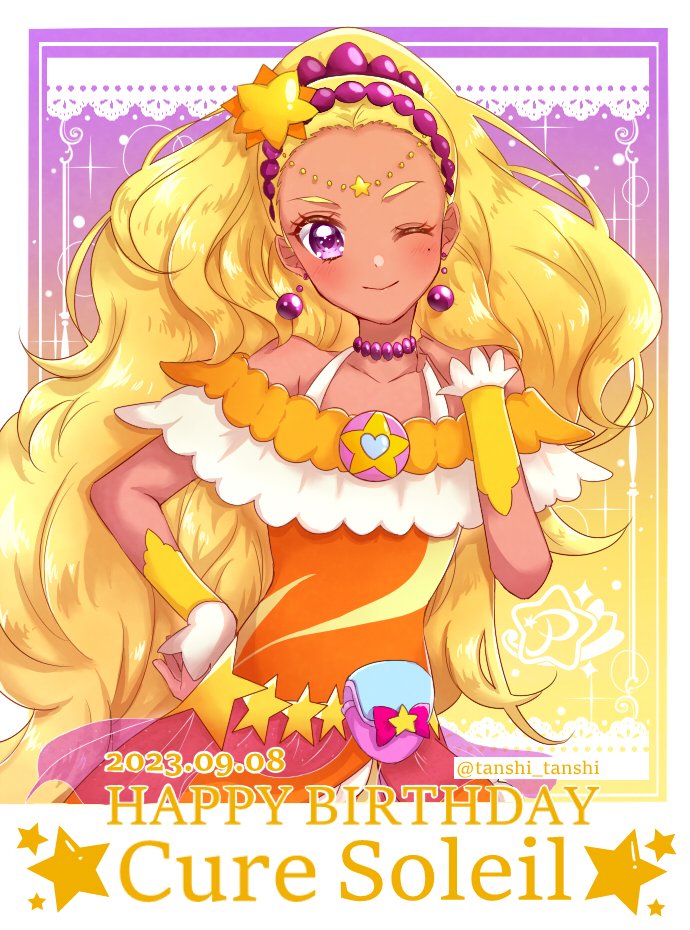 1girl, amamiya_elena, blonde_hair, blush, character_name, choker, cure_soleil, dark-skinned_female