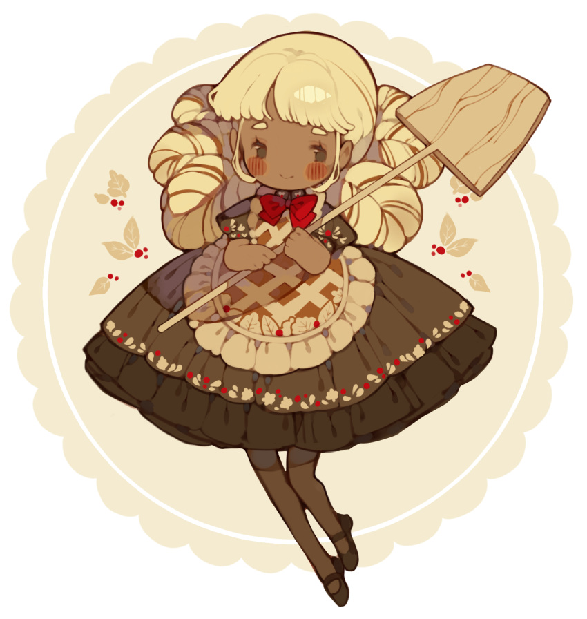 1girl, apron, black_footwear, blonde_hair, blush, blush_stickers, bow, brown_dress