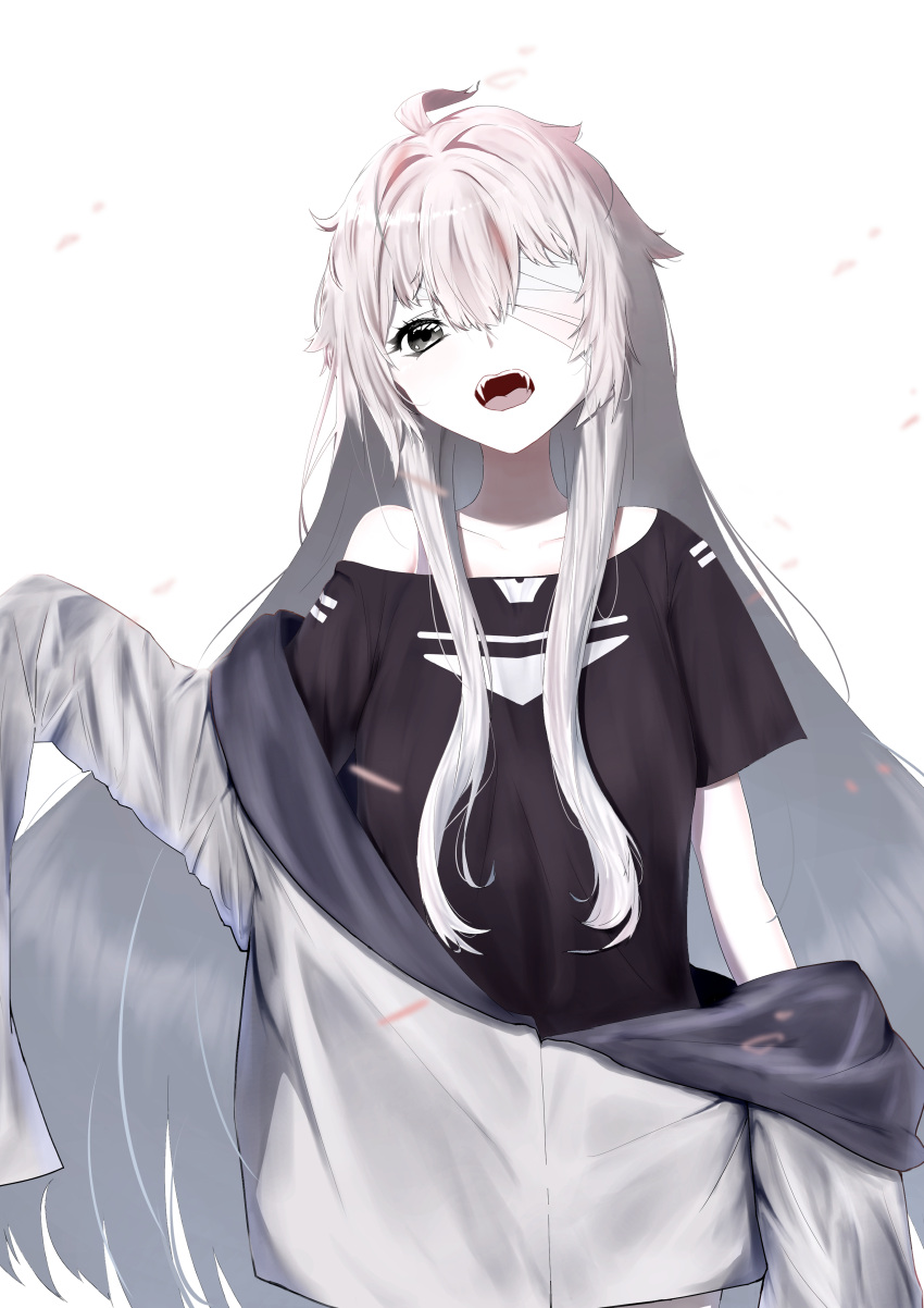 1girl, absurdres, ahoge, bandage_over_one_eye, black_shirt, fangs, grey_eyes, grey_hair