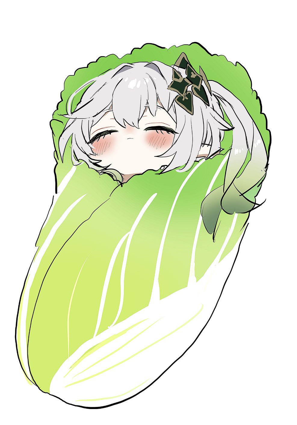 1girl, blush, cabbage_swaddle, closed_eyes, closed_mouth, food, genshin_impact, gradient_hair