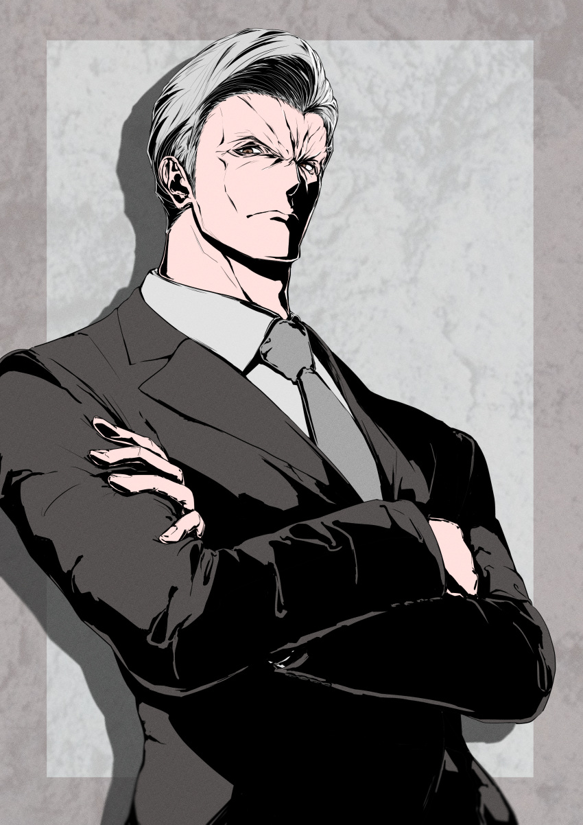 1boy, absurdres, black_suit, brown_eyes, character_request, closed_mouth, crossed_arms, grey_hair