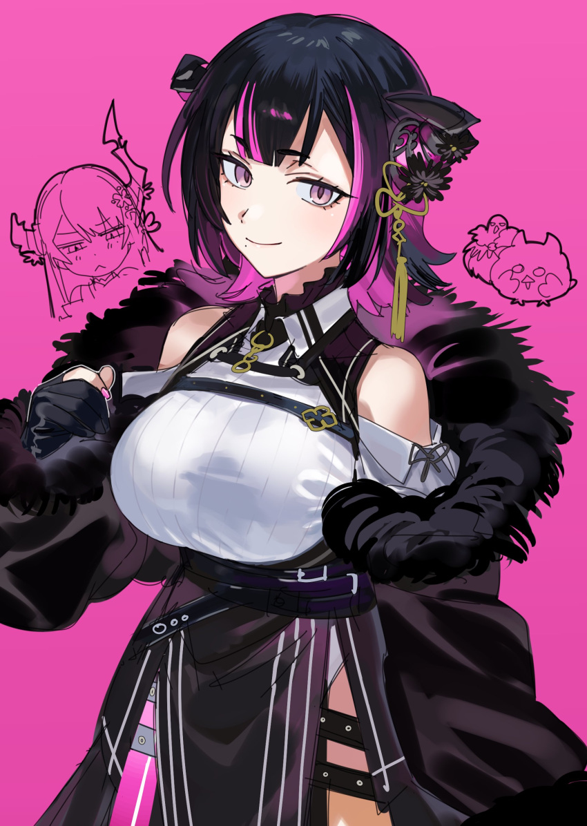 2girls, :<, absurdres, asymmetrical_horns, black_coat, black_dress, black_gloves, black_hair