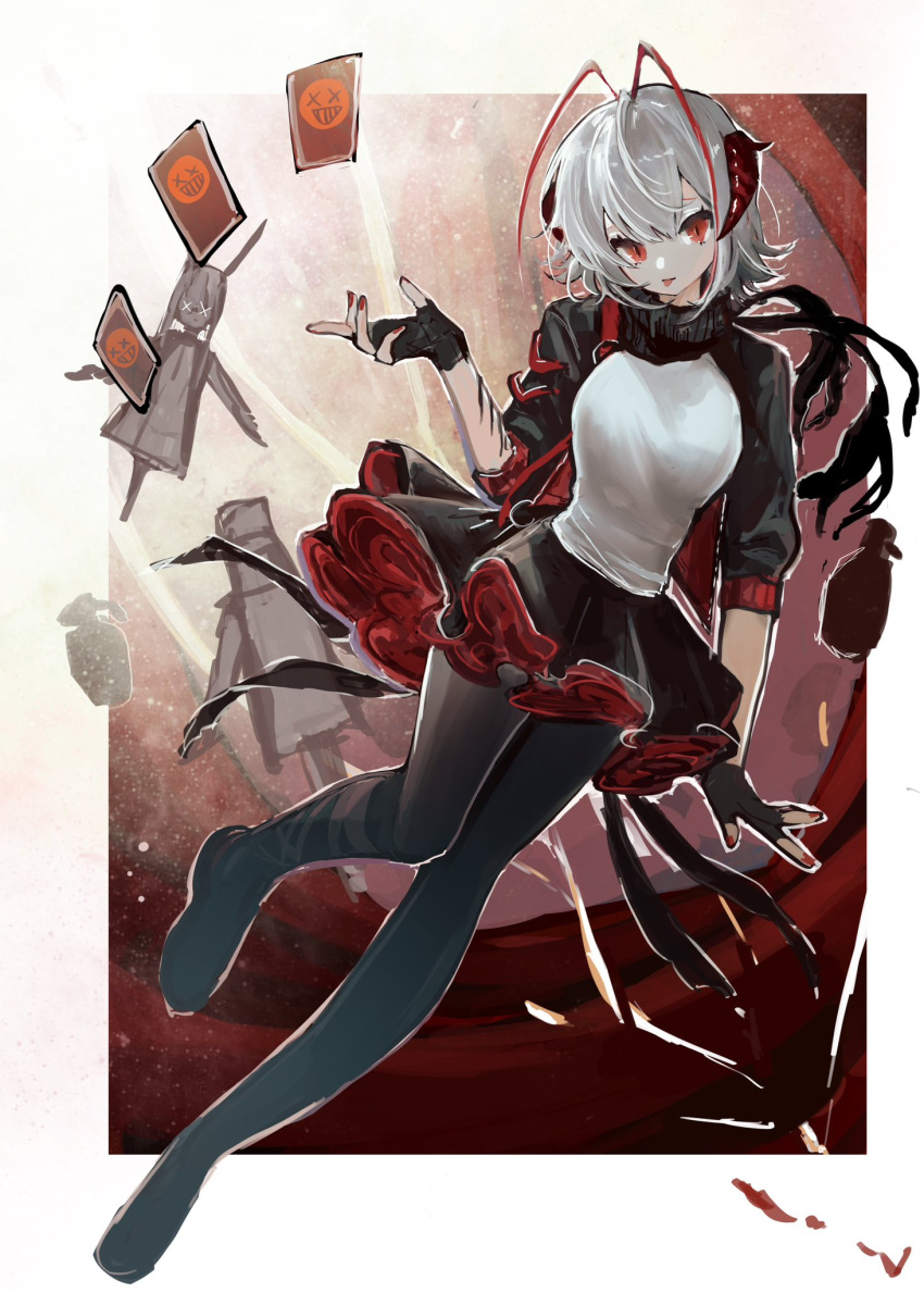 1girl, amiya_(arknights), antenna_hair, arknights, bad_feet, black_jacket, black_pantyhose, black_scarf