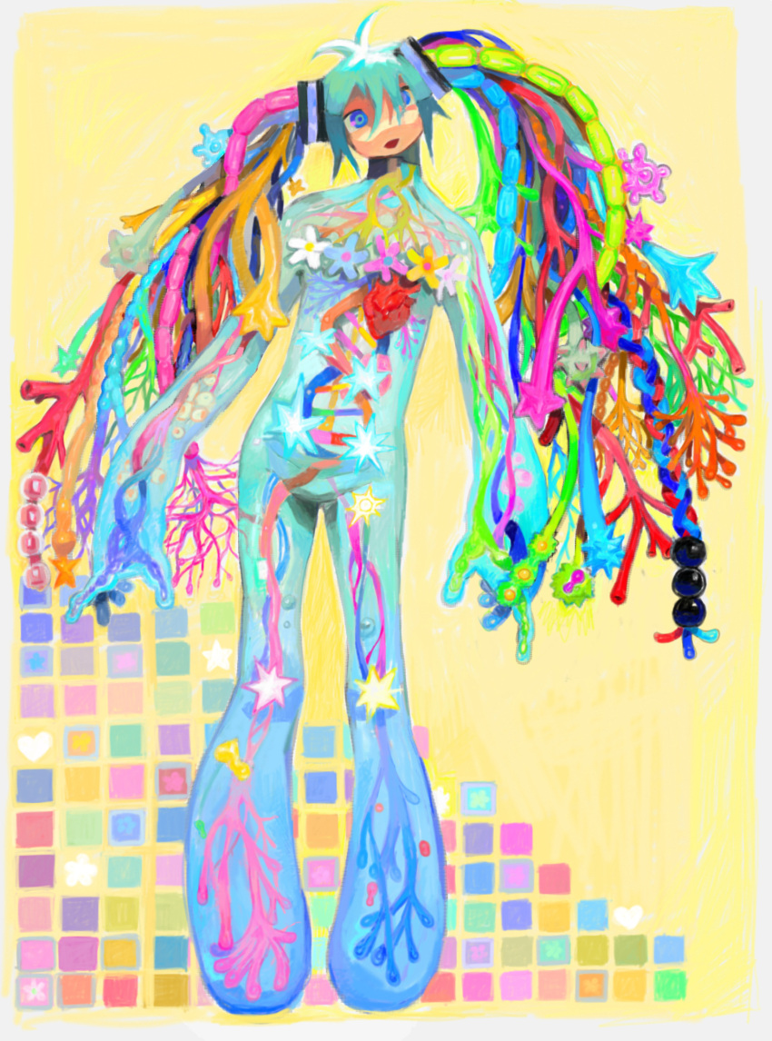 1girl, absurdres, blood_vessels, blue_eyes, cell_(biology), commentary, dna, double_helix, english_commentary, flower, full_body, hatsune_miku, heart, heart_(organ), highres, long_hair, momopatchi, multicolored_hair, open_mouth, see-through_body, simple_background, solo, standing, twintails, very_long_hair, vocaloid, yellow_background