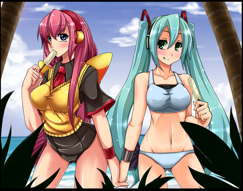 aqua_hair, bad_id, bikini, blue_eyes, green_eyes, hatsune_miku, holding_hands, long_hair
