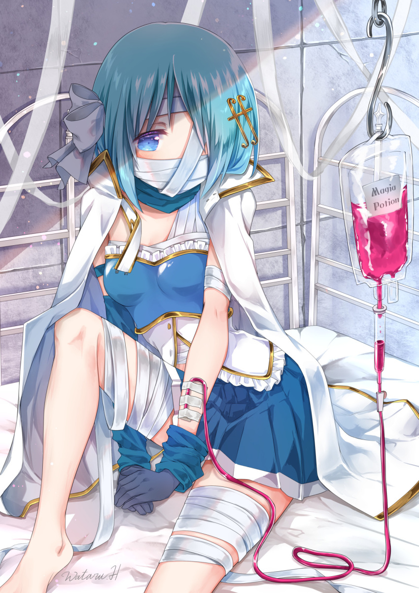 bandage_over_one_eye, bandaged_face, bandaged_leg, bandages, barefoot, bed, blood, blood_bag, blue_eyes, blue_hair, bow, check_commentary, cloak, commentary_request, fortissimo, hair_bow, hair_ornament, highres, hoshikage_wataru, intravenous_drip, magical_girl, mahou_shoujo_madoka_magica, mahou_shoujo_madoka_magica:_walpurgis_no_kaiten, miki_sayaka, musical_note, musical_note_hair_ornament, on_bed, white_cloak