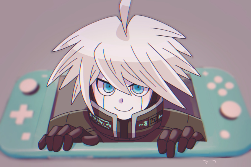1boy, ahoge, android, closed_mouth, colored_skin, danganronpa_(series), danganronpa_v3:_killing_harmony, green_eyes
