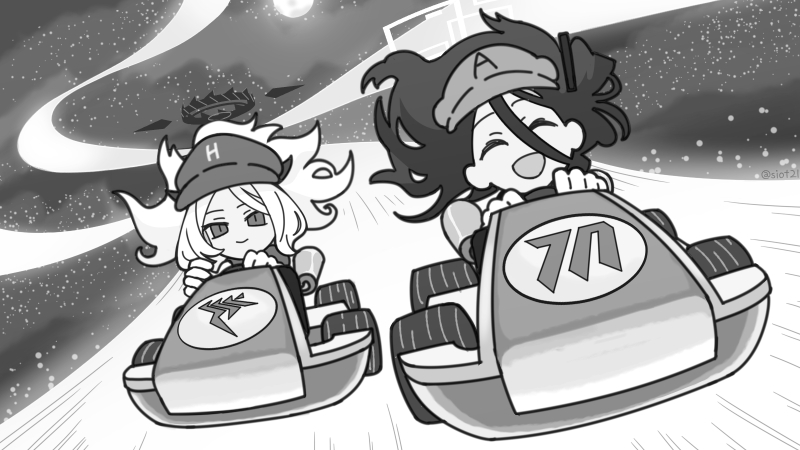 2girls, ^_^, absurdly_long_hair, ahoge, aris_(blue_archive), blue_archive, cabbie_hat, closed_eyes