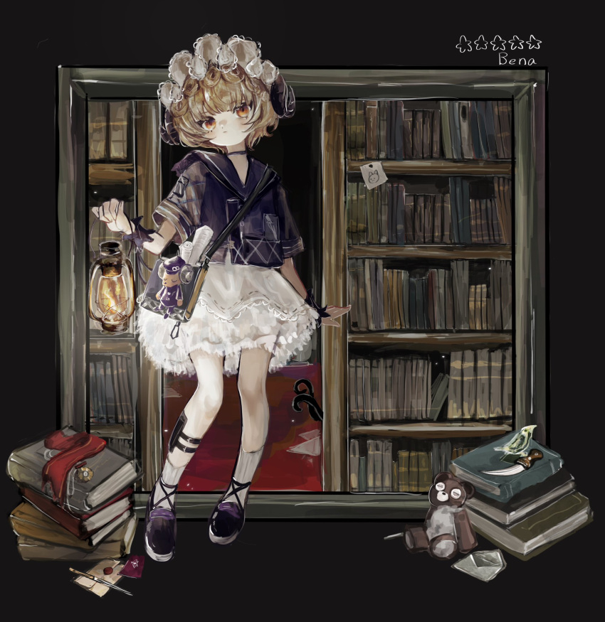 1girl, arknights, bag, bena_(arknights), blonde_hair, bloomers, blue_shirt, book