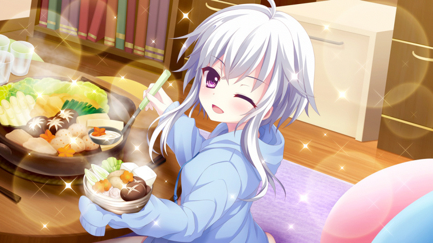 1girl, ahoge, blue_hoodie, book, bookshelf, bowl, chopsticks, cup