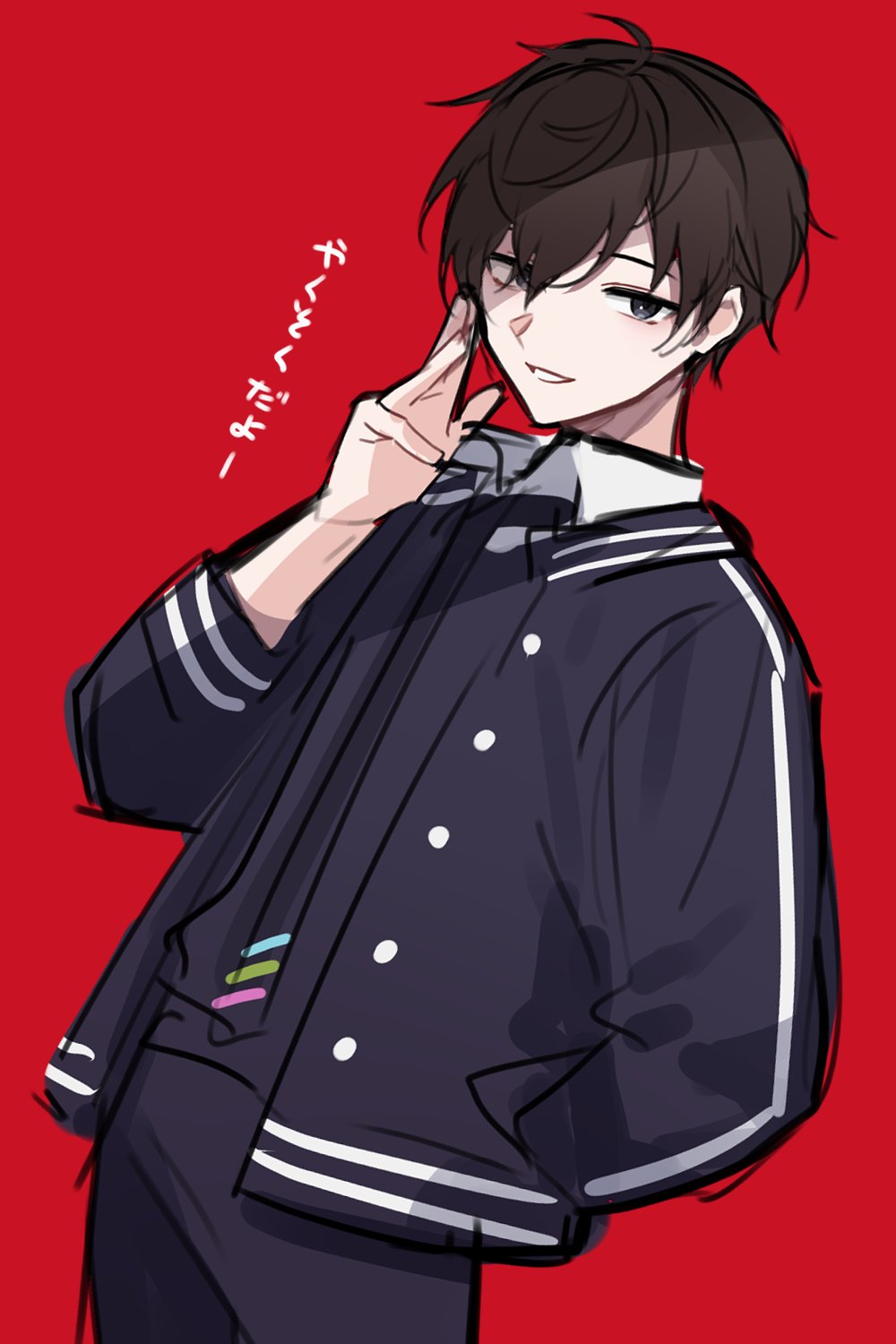 1boy, black_eyes, black_jacket, black_necktie, black_pants, black_shirt, brown_hair, highres