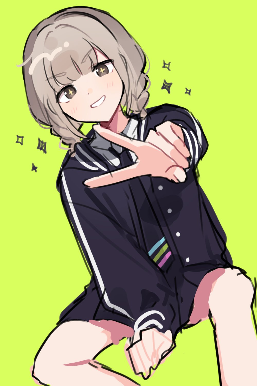 1girl, black_necktie, black_skirt, blonde_hair, braid, brown_eyes, green_background, grin