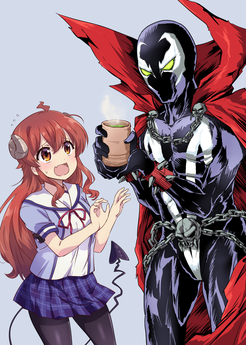 absurdres, ahoge, black_pantyhose, bodysuit, brown_eyes, cape, chain, cup