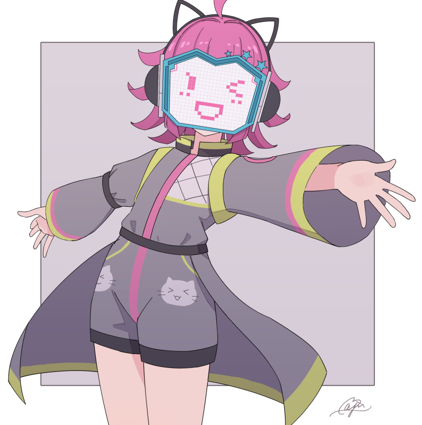 1girl, ahoge, animal_ears, animal_print, blunt_bangs, blunt_ends, cat_ears, cat_print