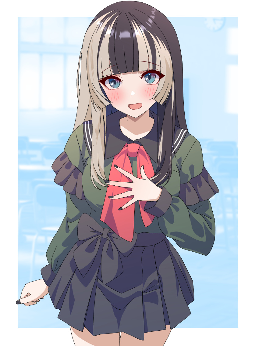 1girl, absurdres, black_hair, black_nails, black_ribbon, black_skirt, blonde_hair, blue_eyes