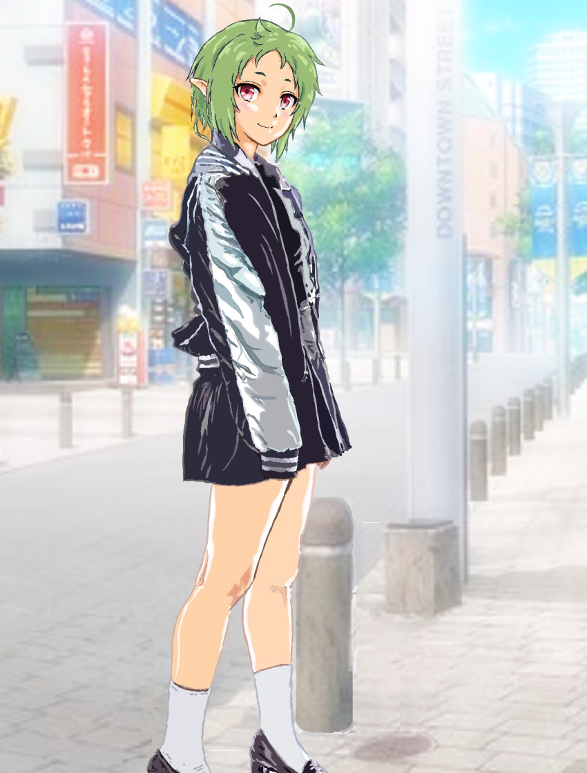 1girl, ahoge, alternate_costume, black_footwear, black_jacket, black_skirt, blurry, blurry_background