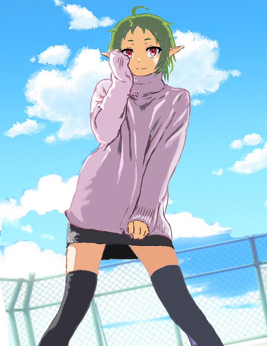 1girl, ahoge, alternate_costume, black_skirt, black_thighhighs, blue_sky, chain-link_fence, closed_mouth