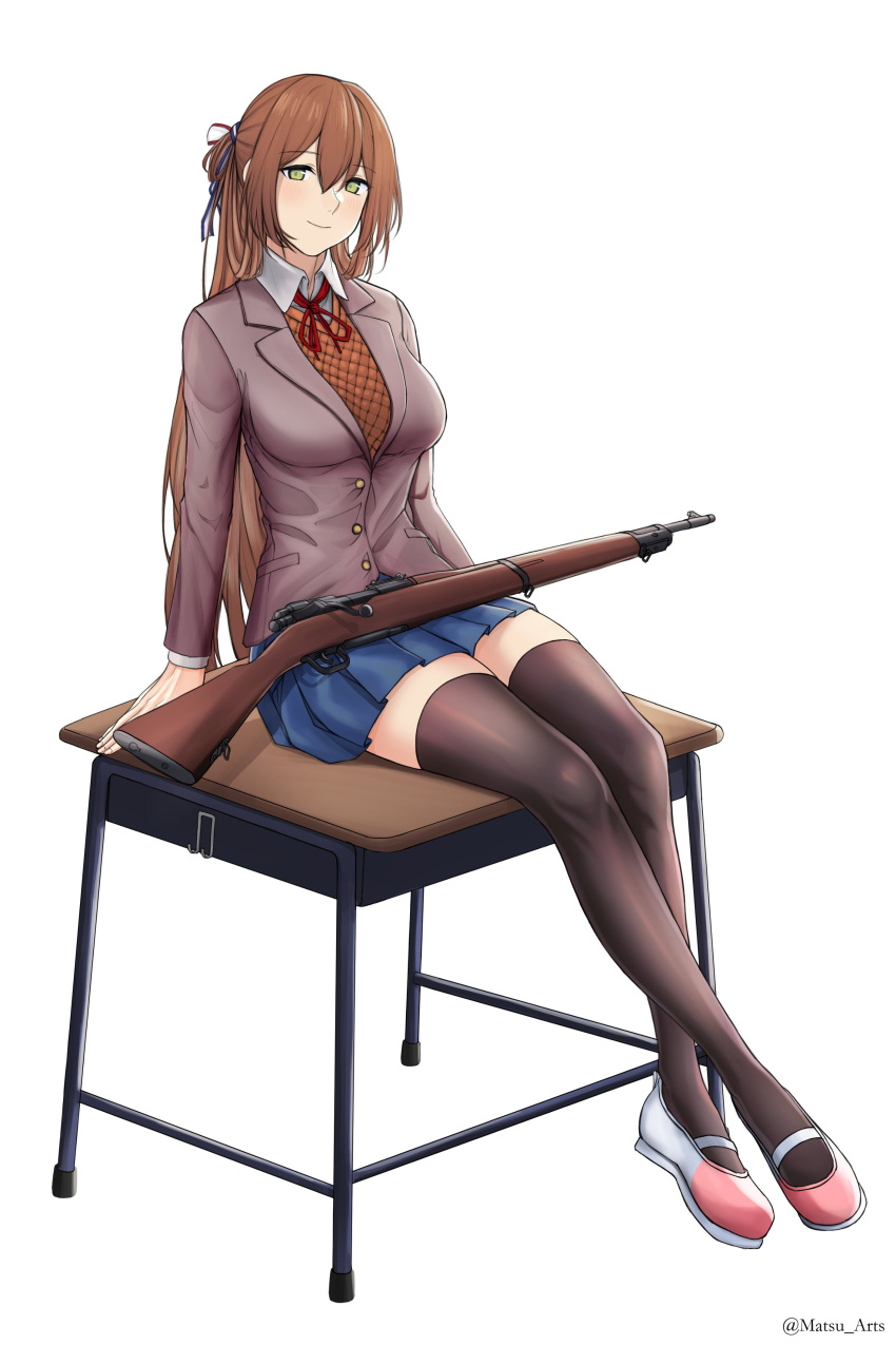 1girl, absurdres, bolt_action, bow, breasts, brown_hair, cosplay, doki_doki_literature_club, girls_frontline, green_eyes, gun, hair_bow, hair_ribbon, highres, jacket, long_hair, long_sleeves, looking_at_viewer, m1903_springfield, matsu_arts, monika_(doki_doki_literature_club), monika_(doki_doki_literature_club)_(cosplay), over-kneehighs, ponytail, ribbon, rifle, school_uniform, shirt, shoes, sidelocks, sitting, skirt, smile, solo, springfield_(girls'_frontline), table, thigh-highs, very_long_hair, weapon, white_bow, white_ribbon